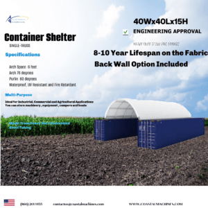 Container Shelter 40 x 40 x 15 with Heavy Duty 17.5oz PVC Cover and Back Cover