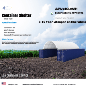 Container Shelter 33 x 40 x 12 With Heavy Duty 17.5oz PVC Cover