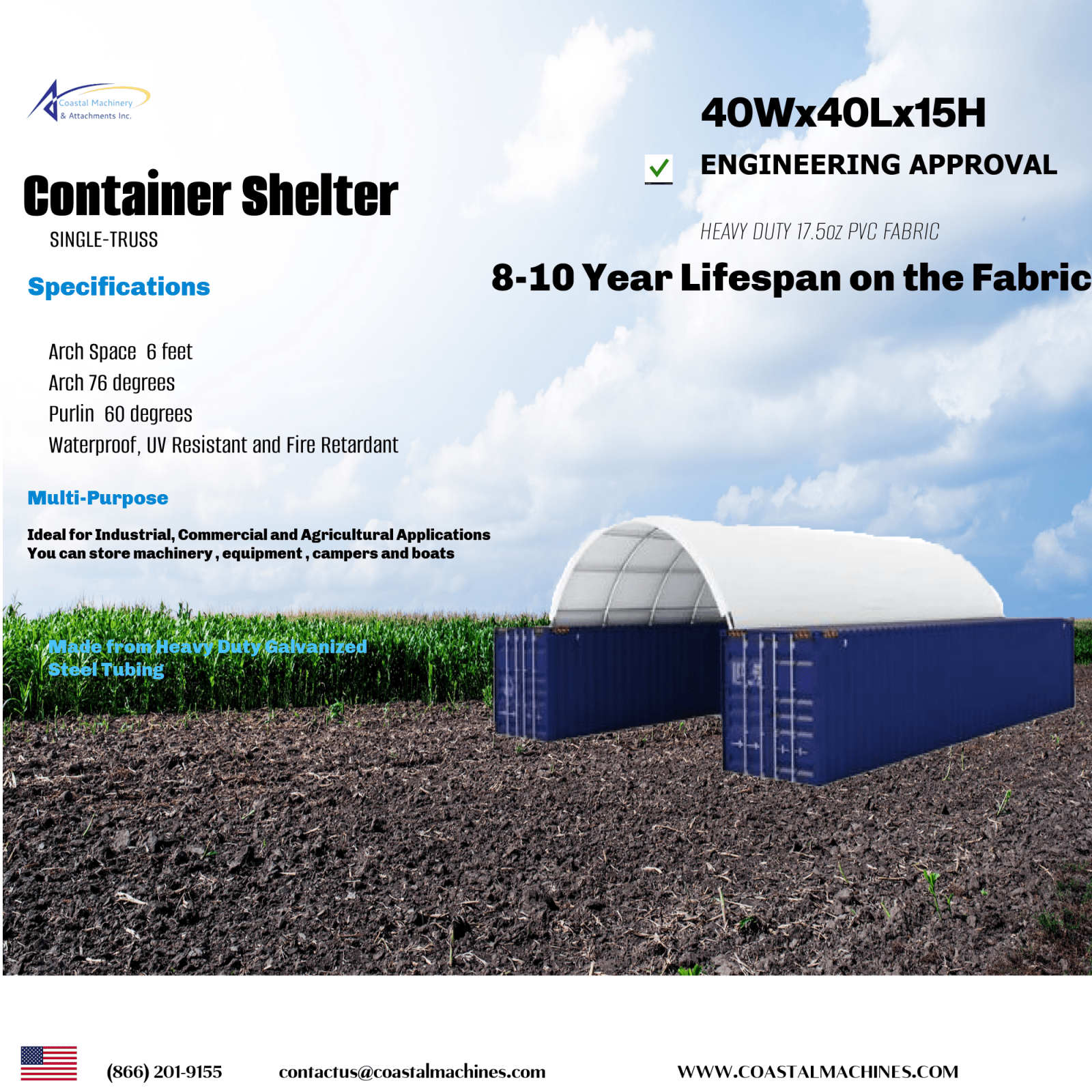 Container Shelter 40 x 40 x 15 with Heavy Duty 17.5oz PVC Cover Double Truss